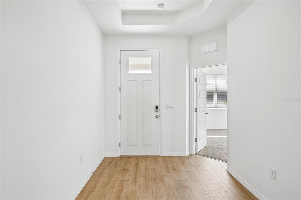 A bright entryway features light wood-look flooring, white walls, and a white front door — 2265 HAMDEN WAY, MOUNT DORA, FL