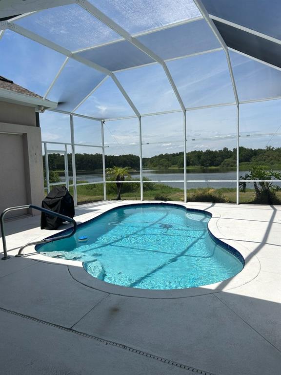 A screened-in swimming pool patio overlooks a lake with a treeline in the distance — 210 ROSANA DRIVE, BRANDON, FL