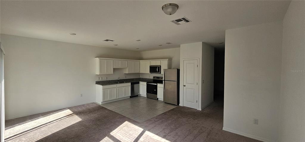 An open-concept kitchen with white cabinets and stainless steel appliances sits adjacent to a carpeted living area — 1045 APPLETON STREET, DAVENPORT, FL
