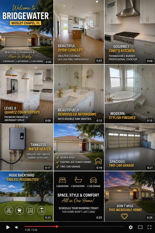 A collage of nine images showing a house exterior, kitchen, bathroom, backyard, and garage — 7341 PULTENEY DRIVE, WESLEY CHAPEL, FL