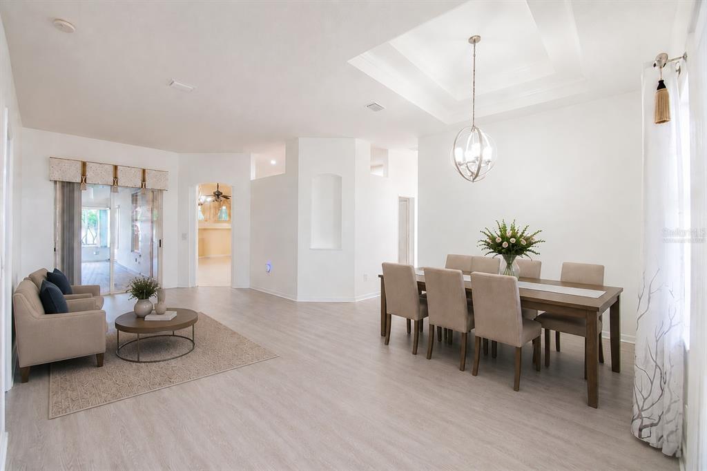 A bright dining and living area features light wood floors, a tray ceiling, and furniture — 4810 WATER LARK WAY, VALRICO, FL