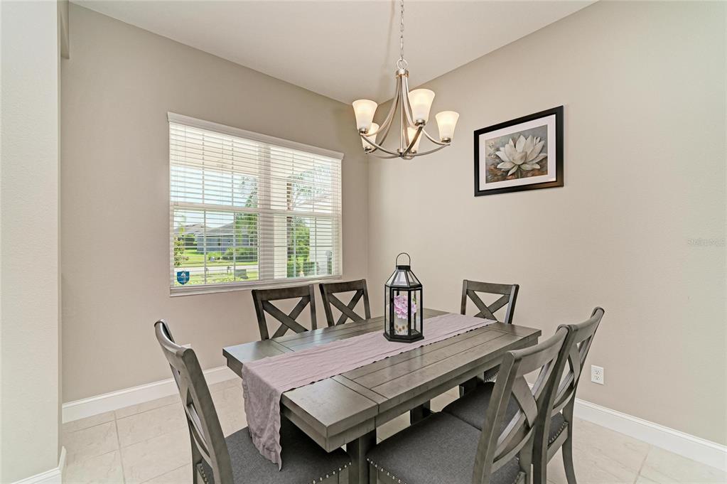 A dining room features a gray wooden table, matching chairs, a chandelier, and a framed print — 3835 CREEKSIDE PARK DRIVE, PARRISH, FL