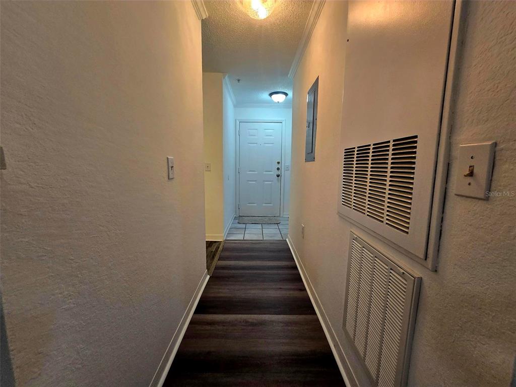 A hallway with wood-look flooring leads to a white front door — 18001 RICHMOND PLACE DRIVE UNIT 132, TAMPA, FL