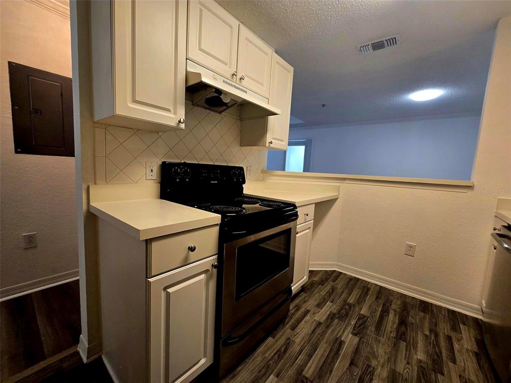 A kitchen features white cabinets, a black stove, and wood-look flooring — 18001 RICHMOND PLACE DRIVE UNIT 132, TAMPA, FL