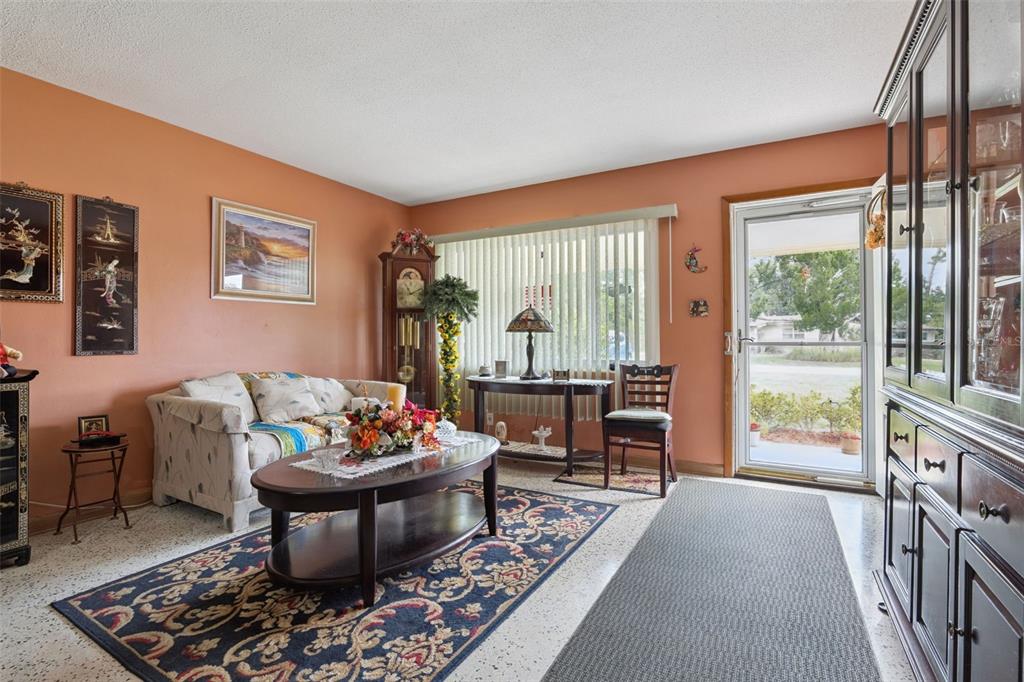 A living room with orange walls, a patterned area rug, a sofa, and a glass door — 6832 OSWEGO DRIVE, MOUNT DORA, FL