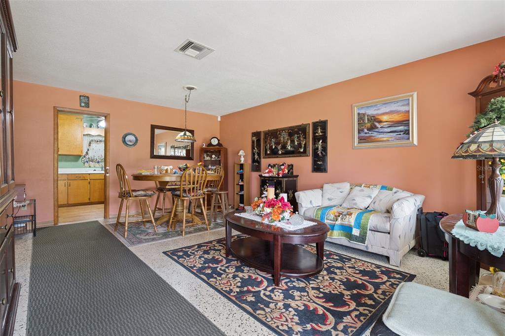 A living and dining area with peach walls, a patterned area rug, and tile flooring — 6832 OSWEGO DRIVE, MOUNT DORA, FL