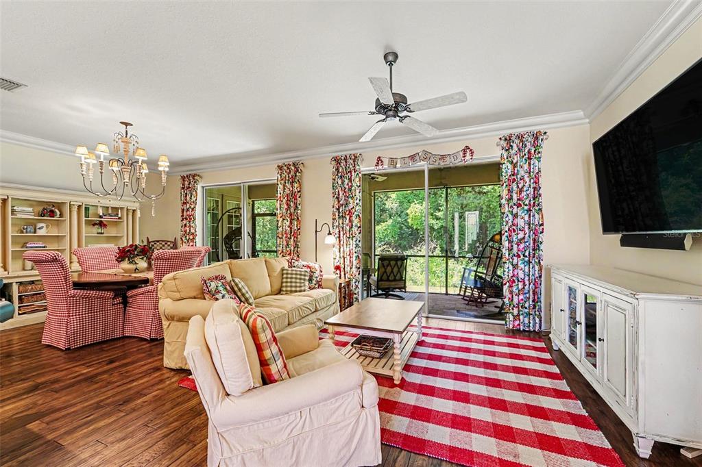 A living room features a red and white checkered rug, beige furniture, and a sliding door — 10202 HYANNISPORT LOOP, SAN ANTONIO, FL