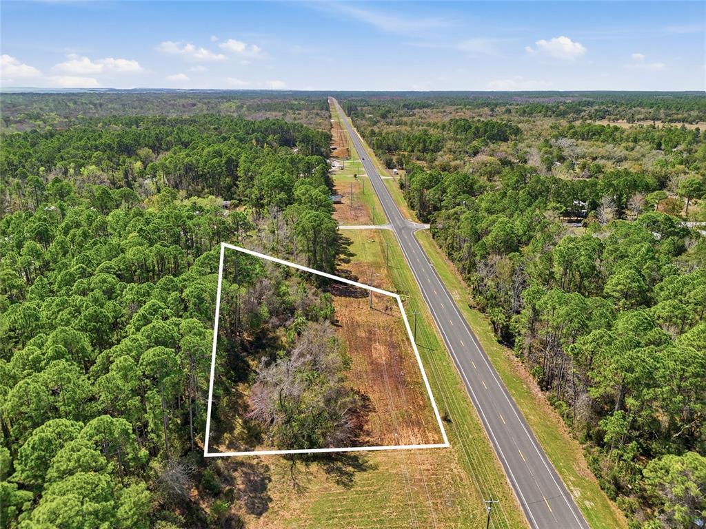 An aerial view shows a vacant, wooded lot outlined in white next to a road — SW STATE ROAD 24, CEDAR KEY, FL
