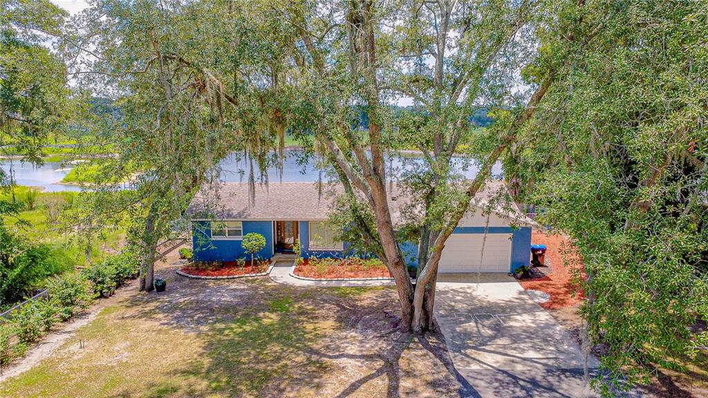 A blue single-story house with a white garage sits behind a large tree near water — 6526 LYNN ROAD, ORLANDO, FL
