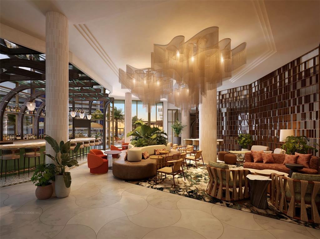 This rendering shows a modern hotel lobby with a large sculptural chandelier and lounge seating — 15000 MADEIRA WAY UNIT 615, MADEIRA BEACH, FL