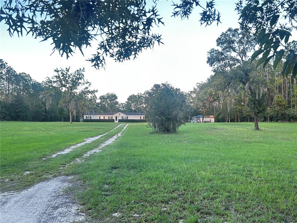 A long dirt driveway leads to a single-story house situated on a large, grassy lot — 3560 NE 71ST AVENUE, HIGH SPRINGS, FL