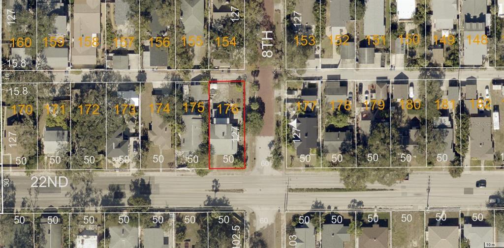 This is an aerial map view showing a residential property highlighted in red — 801 22ND AVENUE S, ST PETERSBURG, FL