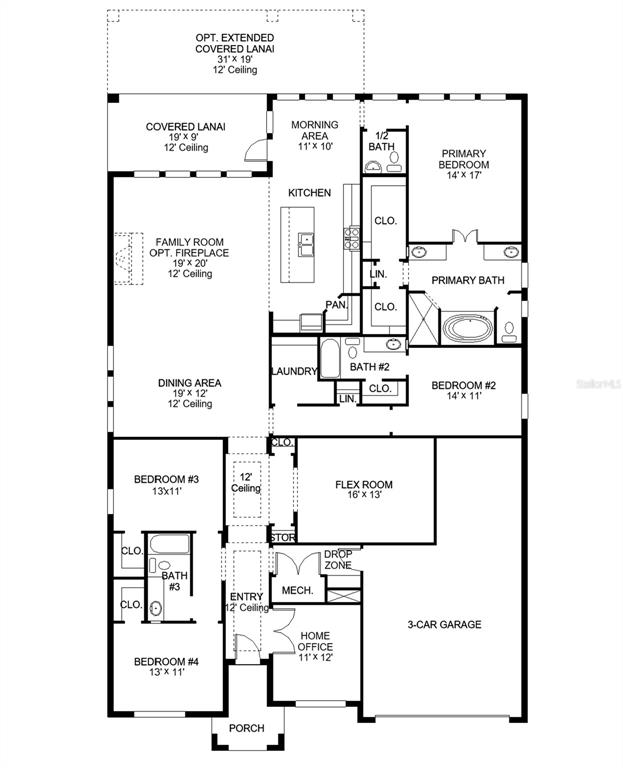 This is a floor plan for a single-story house featuring four bedrooms and a garage — 7926 BON AIR WAY, PARRISH, FL
