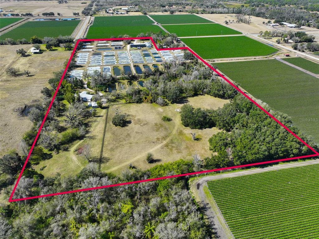 Aerial view of a rural property featuring numerous aquaculture ponds and surrounding agricultural fields — 20112 HOBBS ROAD, WIMAUMA, FL