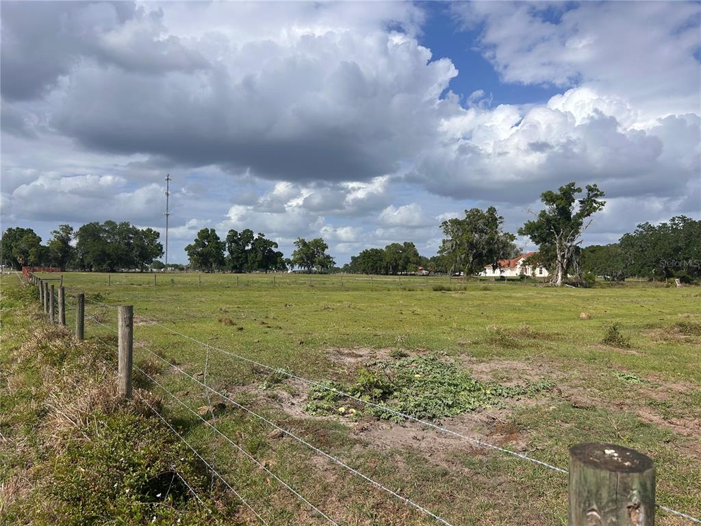 A wide, grassy field is enclosed by a wire fence under a cloudy sky — WASHINGTON STREET, ARCADIA, FL