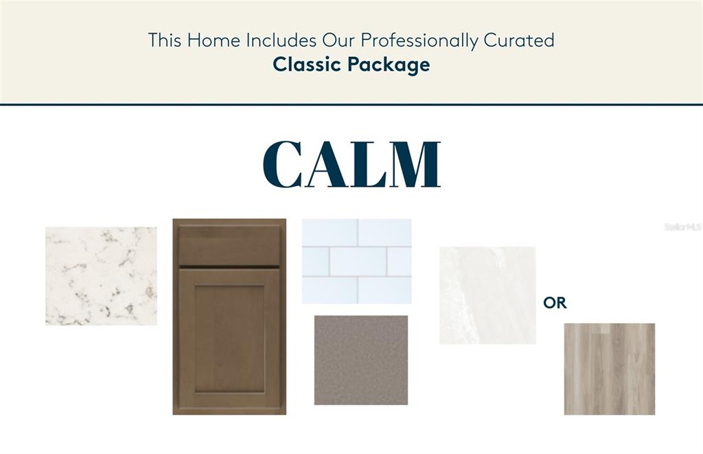 This graphic displays the material finishes for a home's interior design package labeled Calm — 5514 FREESIA DRIVE, LAKELAND, FL