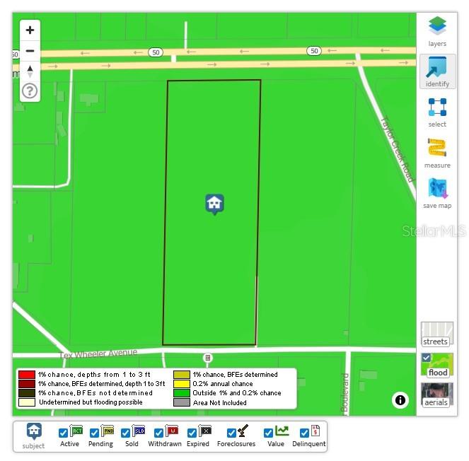 This is a flood zone map showing a property outlined in black on green land — E COLONIAL DRIVE, CHRISTMAS, FL