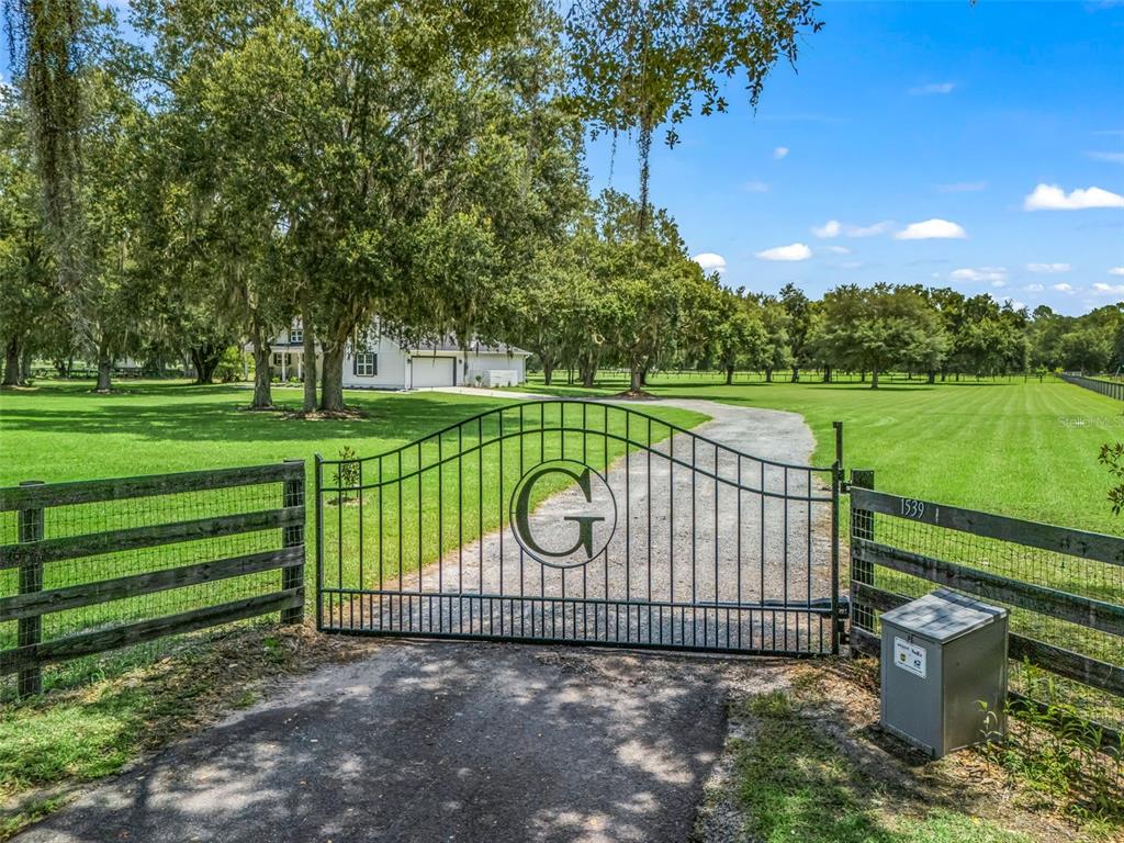 A black metal gate with a letter G monogram stands at the entrance of a driveway — 1539 SE 34TH WAY, SUMTERVILLE, FL