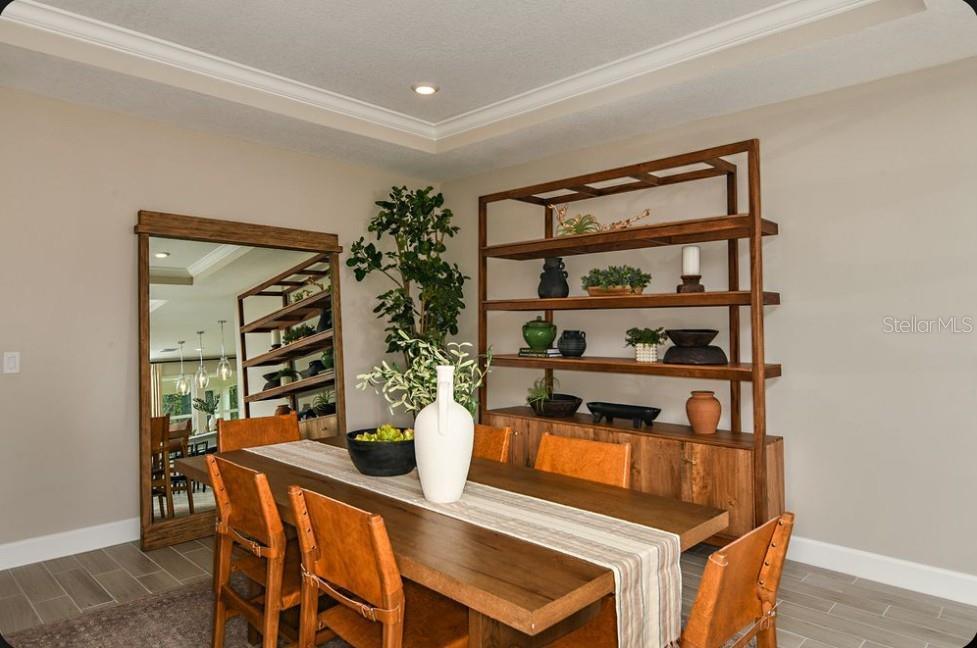A dining room features a wooden table, leather chairs, a large mirror, and open shelving — 50 GRECO DRIVE, PALM COAST, FL