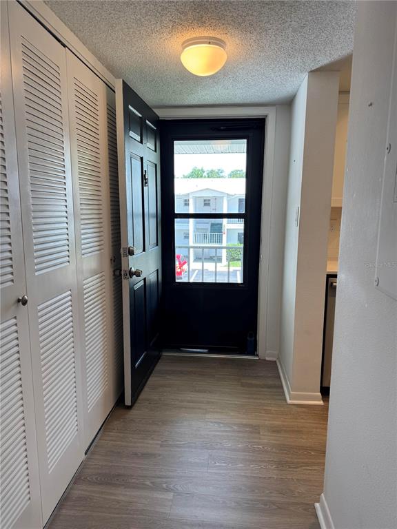 An entryway features light wood-look flooring, a white louvered closet, and a black front door — 204 46TH AVENUE TERRACE W UNIT 411, BRADENTON, FL