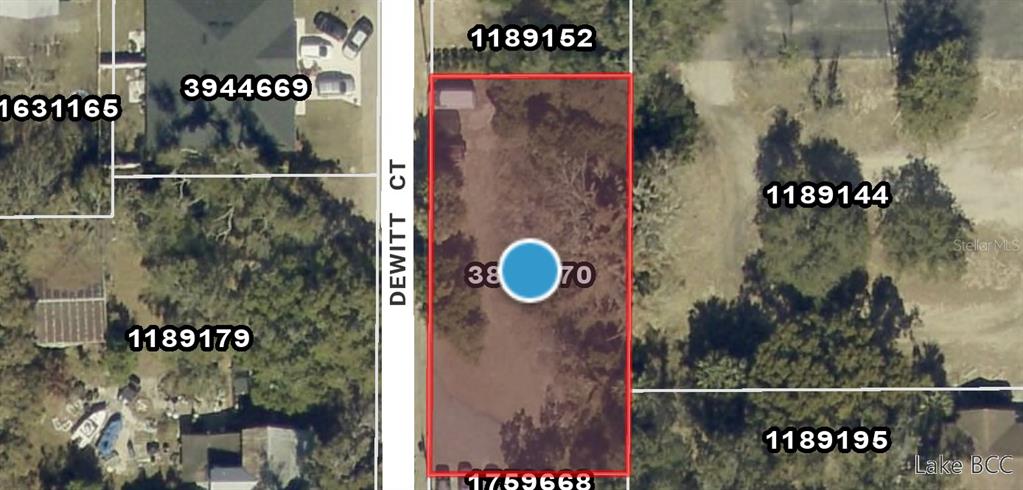 This is an aerial map view of a rectangular vacant lot on Dewitt Court — DEWITT COURT, EUSTIS, FL