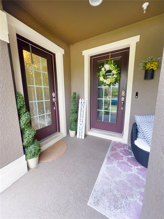 A covered porch features two dark brown doors, potted topiary plants, and a patterned rug — 10730 SUNSET RIDGE LANE, ORLANDO, FL