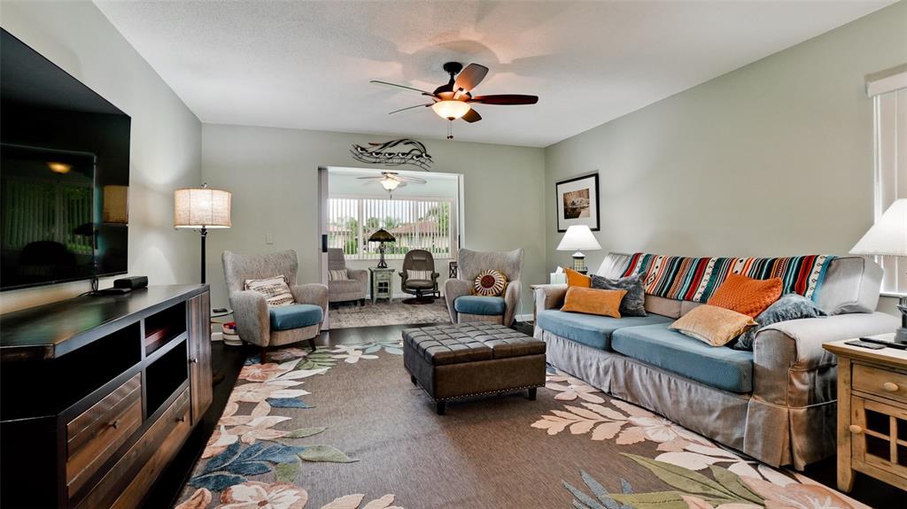 A living room features a large television, a sofa with colorful pillows, and an area rug — 3305 NOTRE DAME PLACE, BRADENTON, FL