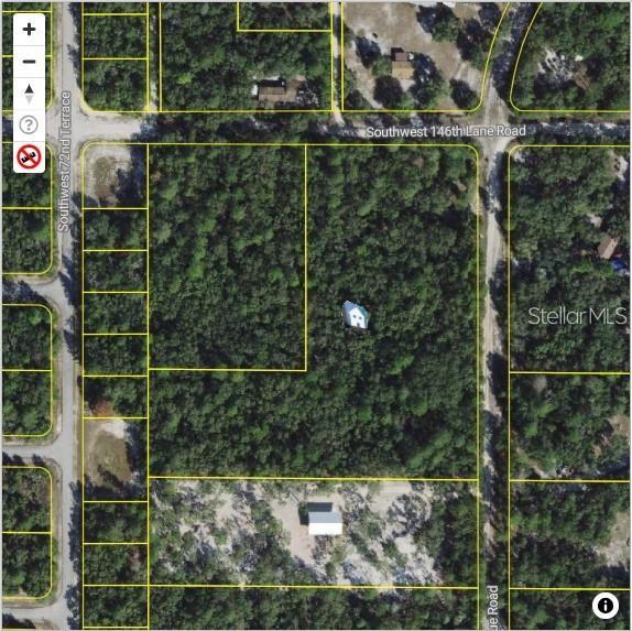 This is an aerial map showing a wooded lot with a small structure — 0 SW 146 LANE ROAD, OCALA, FL