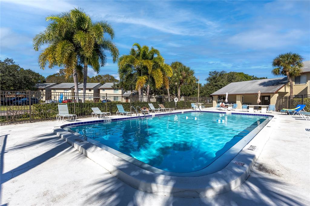 A rectangular swimming pool is surrounded by lounge chairs, palm trees, and apartment buildings — 4215 E BAY DRIVE UNIT 1806D, CLEARWATER, FL