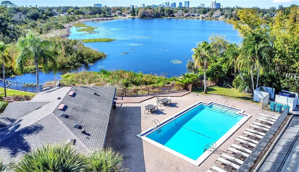 A rectangular swimming pool sits on a brick patio next to a building and palm trees — 3004 PLAZA TERRACE DRIVE UNIT 3004, ORLANDO, FL