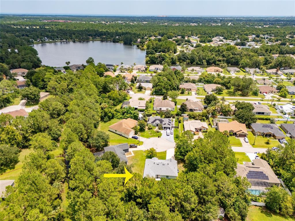 An aerial view shows a residential neighborhood with a house highlighted by a yellow arrow — 19 BURREL PLACE, PALM COAST, FL