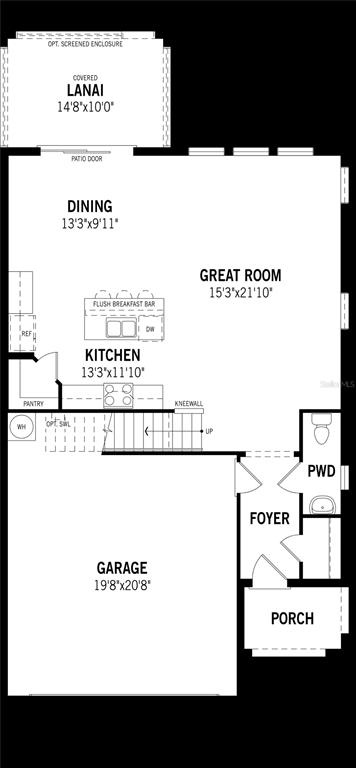 This is a floor plan of a home's main level featuring a garage and open layout — 34885 ARBOR RETREAT DRIVE, DADE CITY, FL