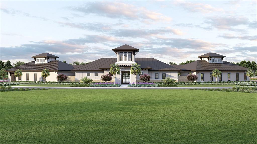 This is a rendering of a single-story community clubhouse with a central tower and landscaping — 34885 ARBOR RETREAT DRIVE, DADE CITY, FL