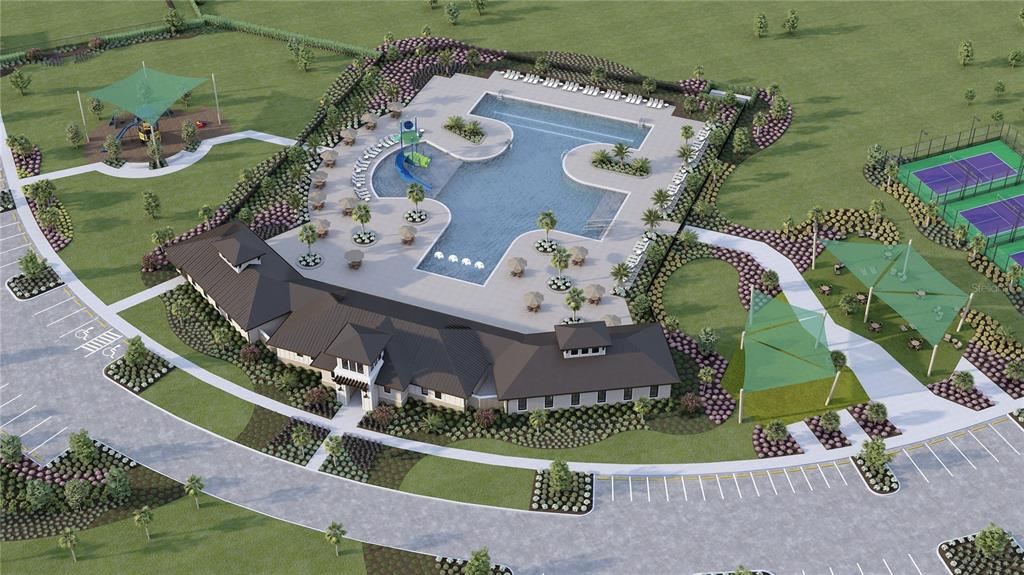 This rendering shows a community amenity center with a swimming pool, playground, and tennis courts — 34885 ARBOR RETREAT DRIVE, DADE CITY, FL