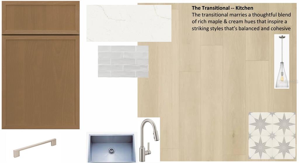 This design board displays kitchen finishes including wood cabinets, quartz countertops, tile, and flooring — 6811 HERON MEADOW DRIVE, SARASOTA, FL