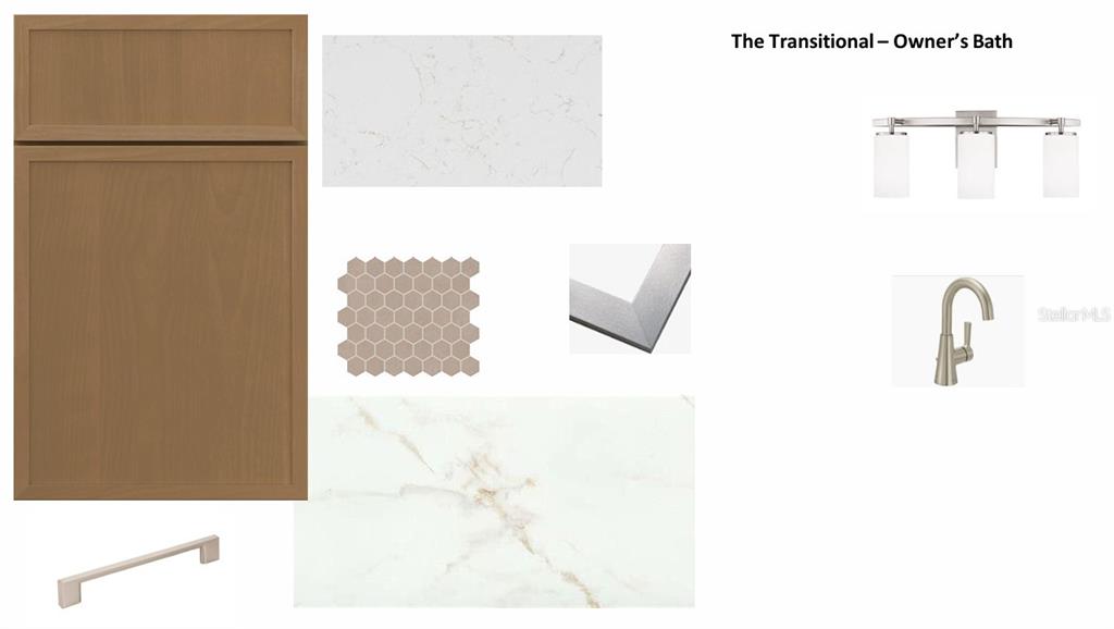 This design board displays finishes for a transitional owner's bath, including cabinetry, countertops, and fixtures — 6811 HERON MEADOW DRIVE, SARASOTA, FL