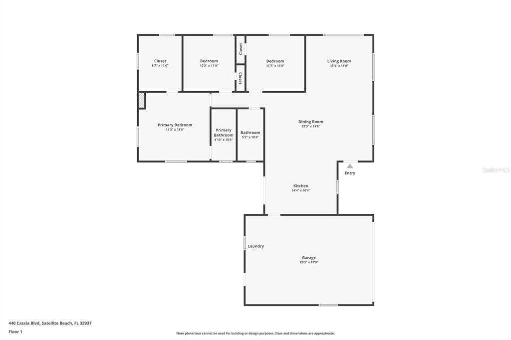 This is a floor plan for a single-story residential home with a garage — 440 CASSIA BLVD, SATELLITE BEACH, FL