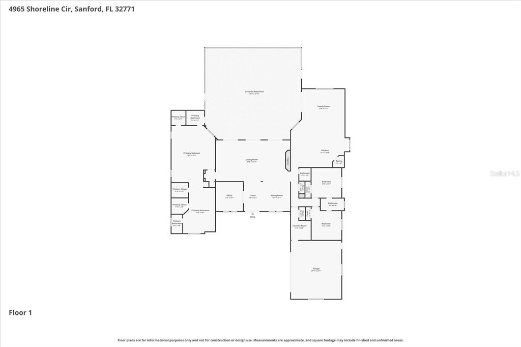 This is a floor plan for a single-story house with a garage and screened patio — 4965 SHORELINE CIRCLE, SANFORD, FL