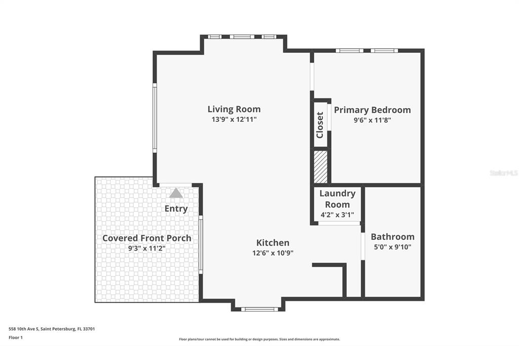 This is a floor plan for a one-bedroom home with a kitchen, bathroom, and front porch — 558 10TH AVE S, ST PETERSBURG, FL
