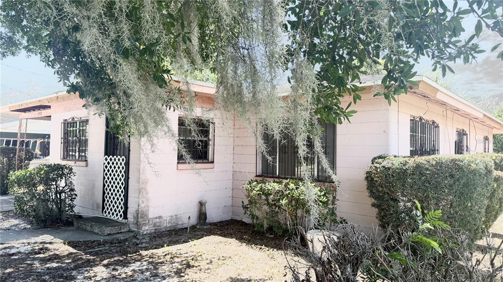 A single-story pink house with security bars on the windows and hanging Spanish moss — 1903 3RD STREET NE, WINTER HAVEN, FL