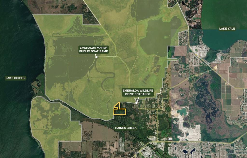 This map shows the location of a property near the Emeralda Marsh and Lake Griffin — 9603 WRIGHT ON DRIVE, LEESBURG, FL