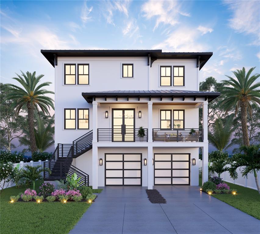 An exterior view of a three-story modern house featuring a swimming pool and palm trees — 2519 N RIVERSIDE DR, TAMPA, FL