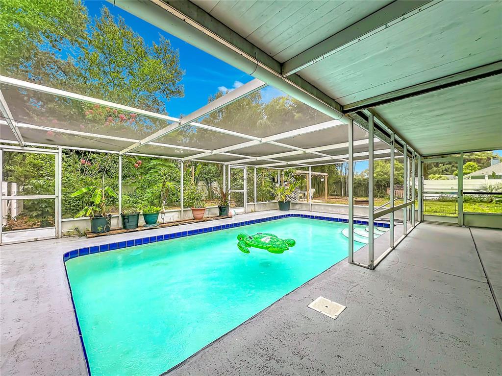 A screened-in swimming pool enclosure with a concrete deck and lush backyard greenery — 300 PINECREST ROAD, MOUNT DORA, FL