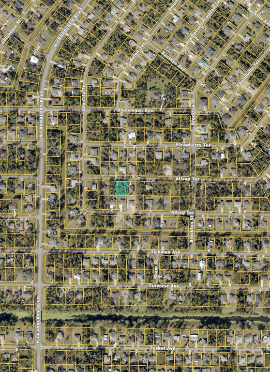 This is an aerial map showing a highlighted residential lot in a suburban neighborhood — ALLSUP TERRACE, NORTH PORT, FL
