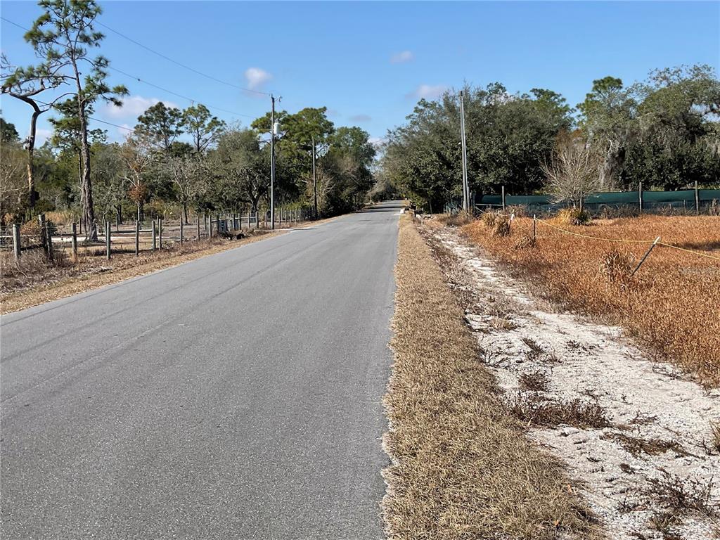 A paved road stretches into the distance between a fenced lot and dry grassy fields — 490 HOBBS DRIVE, VENUS, FL