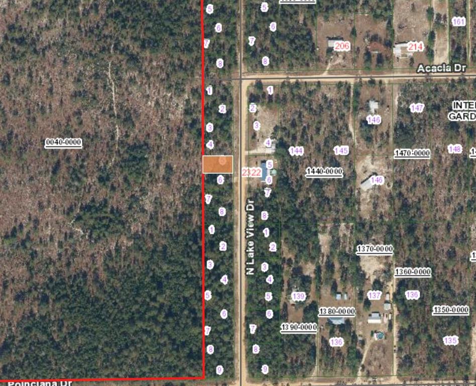 This is a satellite map view showing a highlighted land parcel along a residential road — XX N LAKEVIEW DR LOT 142/5, INTERLACHEN, FL