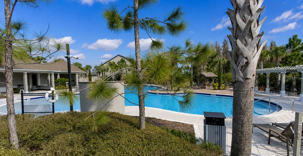 A swimming pool surrounded by a paved deck, palm trees, and a clubhouse under blue skies — 1652 HUBBELL ROAD, WESLEY CHAPEL, FL