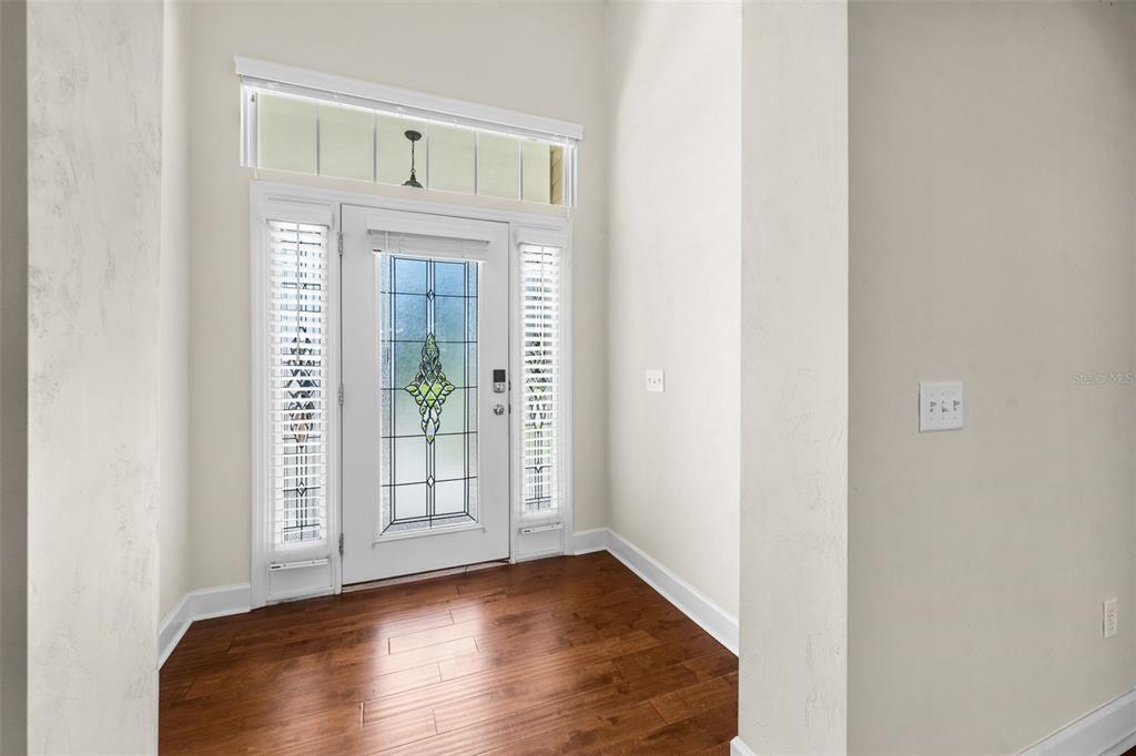 An entryway features a white front door with decorative glass, sidelights, and dark wood flooring — 16603 NW 168TH TERRACE, ALACHUA, FL