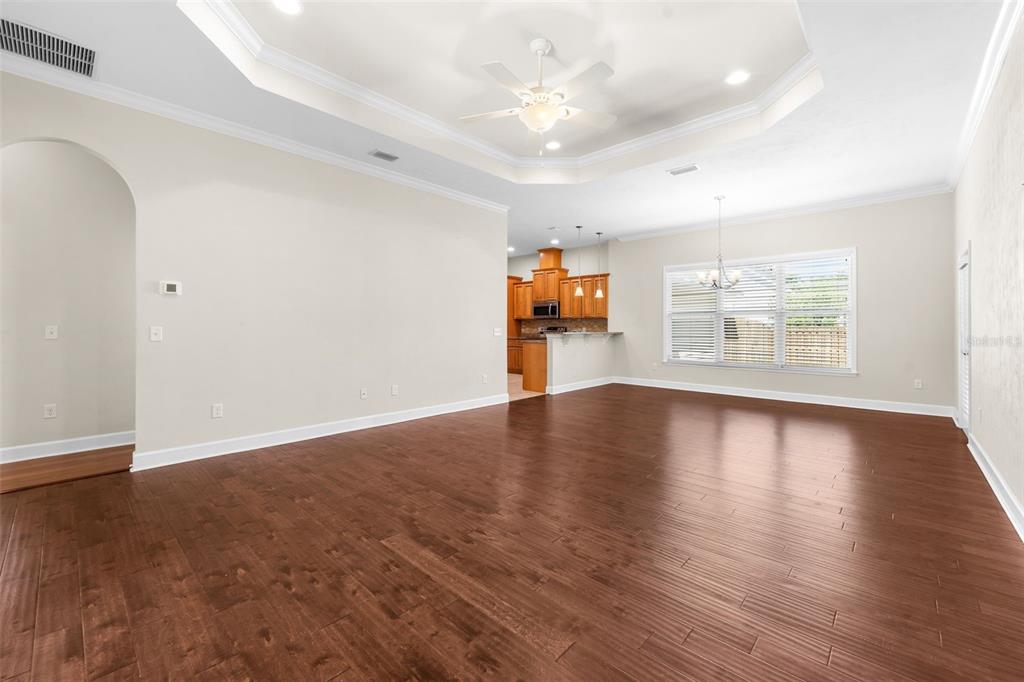 A living room features a tray ceiling, light-colored sofa, two armchairs, and a coffee table — 16603 NW 168TH TERRACE, ALACHUA, FL