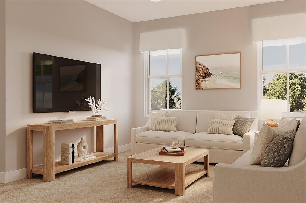 This is a rendering of a living room featuring a sofa, coffee table, and television — 3569 MOCKING BIRD DRIVE, AUBURNDALE, FL